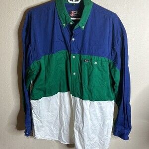 Justin Button Front Collared Color-block Long Sleeve 100% Cotton Mens Size Large